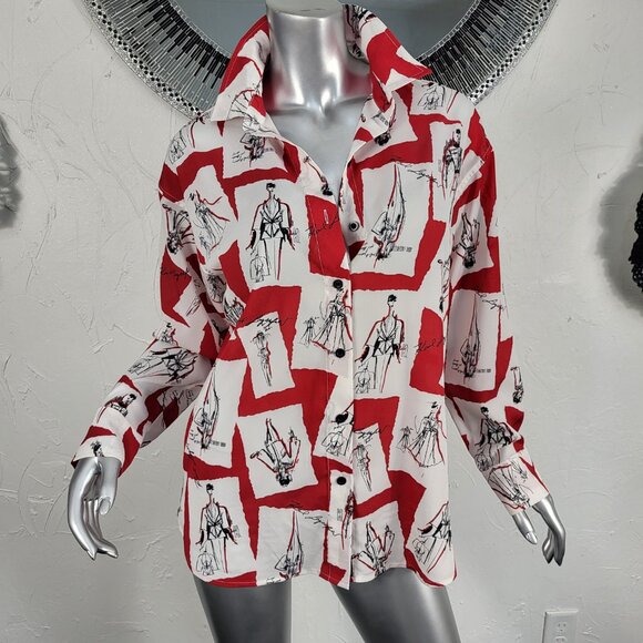 NWOT~$89~KARL LAGERFELD~S/M/L~OVERSIZED RED WHITE BLACK BLOUSE SHIRT TOP - Picture 10 of 16